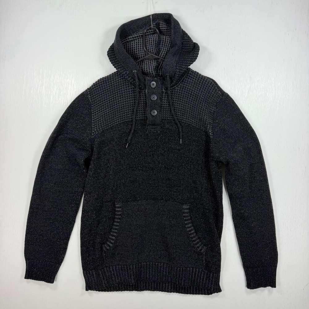 Retrofill XL Black Knit Hooded Pullover Sweater Textured Henley Hoodie